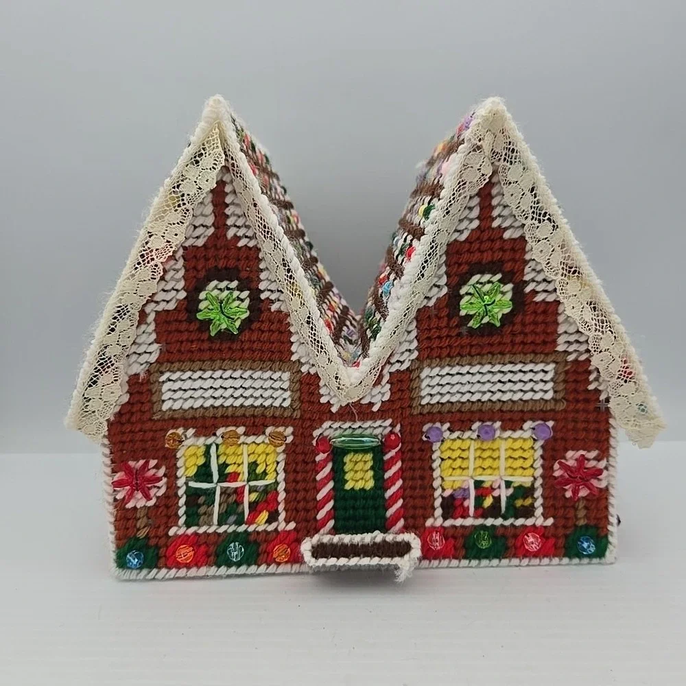 VTG Handmade Plastic Canvas Needlepoint Gingerbread‎ House Christmas Tan
